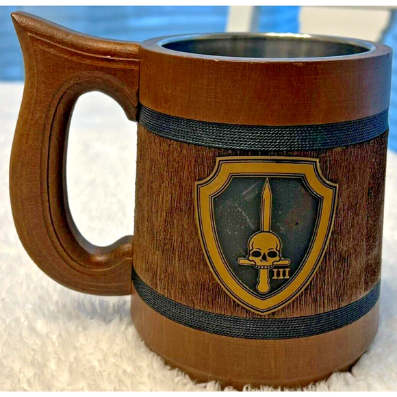 Wooden Beer Mug Stein with Stainless Steel Cup Liner Sword and Skull - Picture 4 of 8